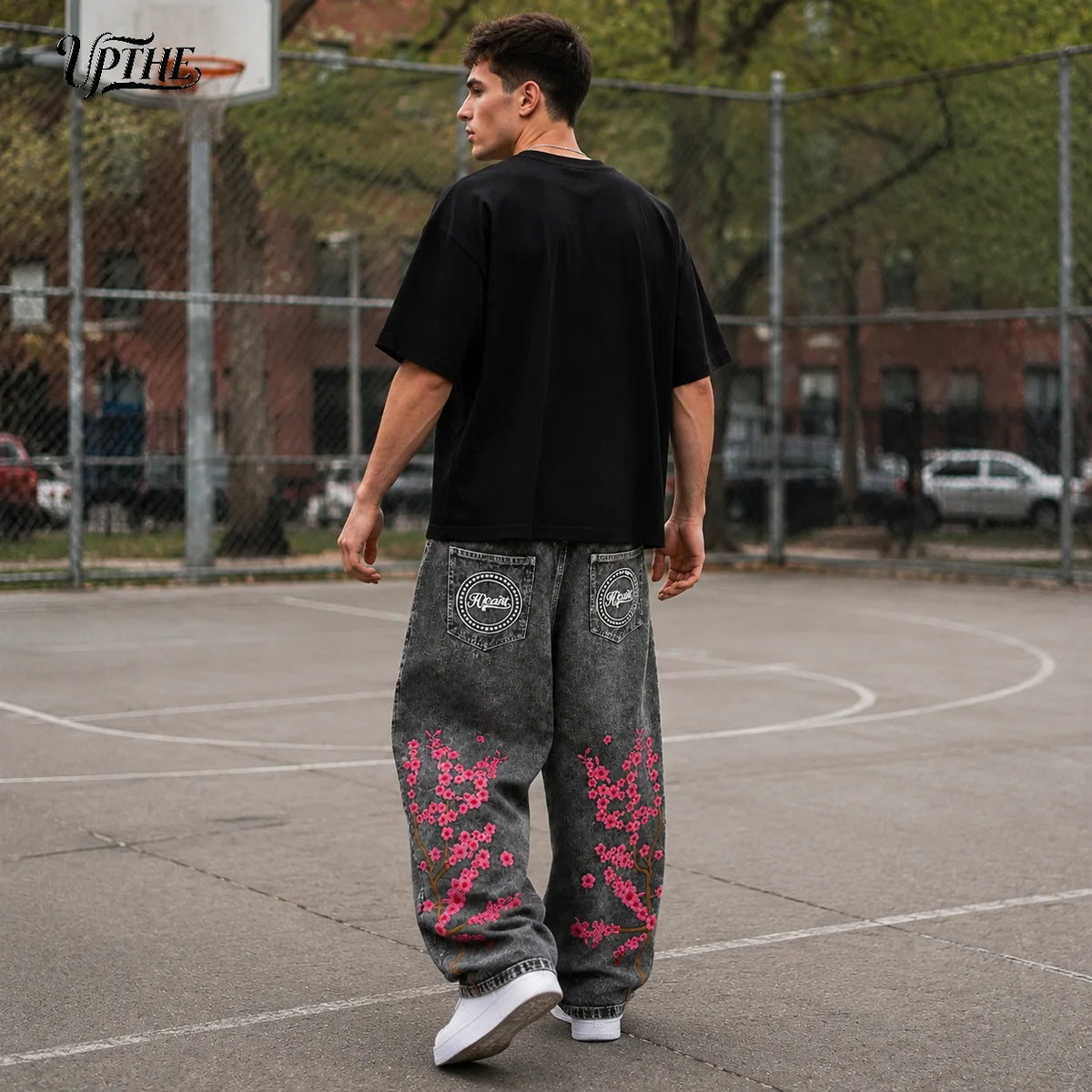 UPTHE Men's Embroidered Baggy Wide Leg Denim Jeans
