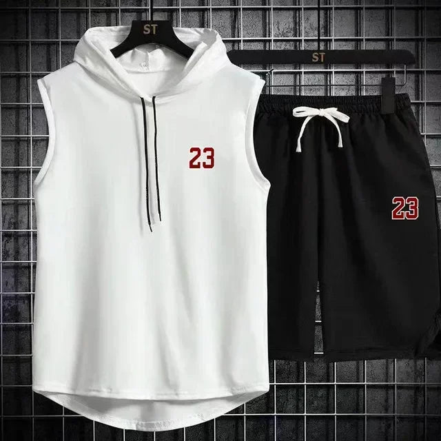 Summer Mens Sleeveless Hooded T Shirt And Shorts Set