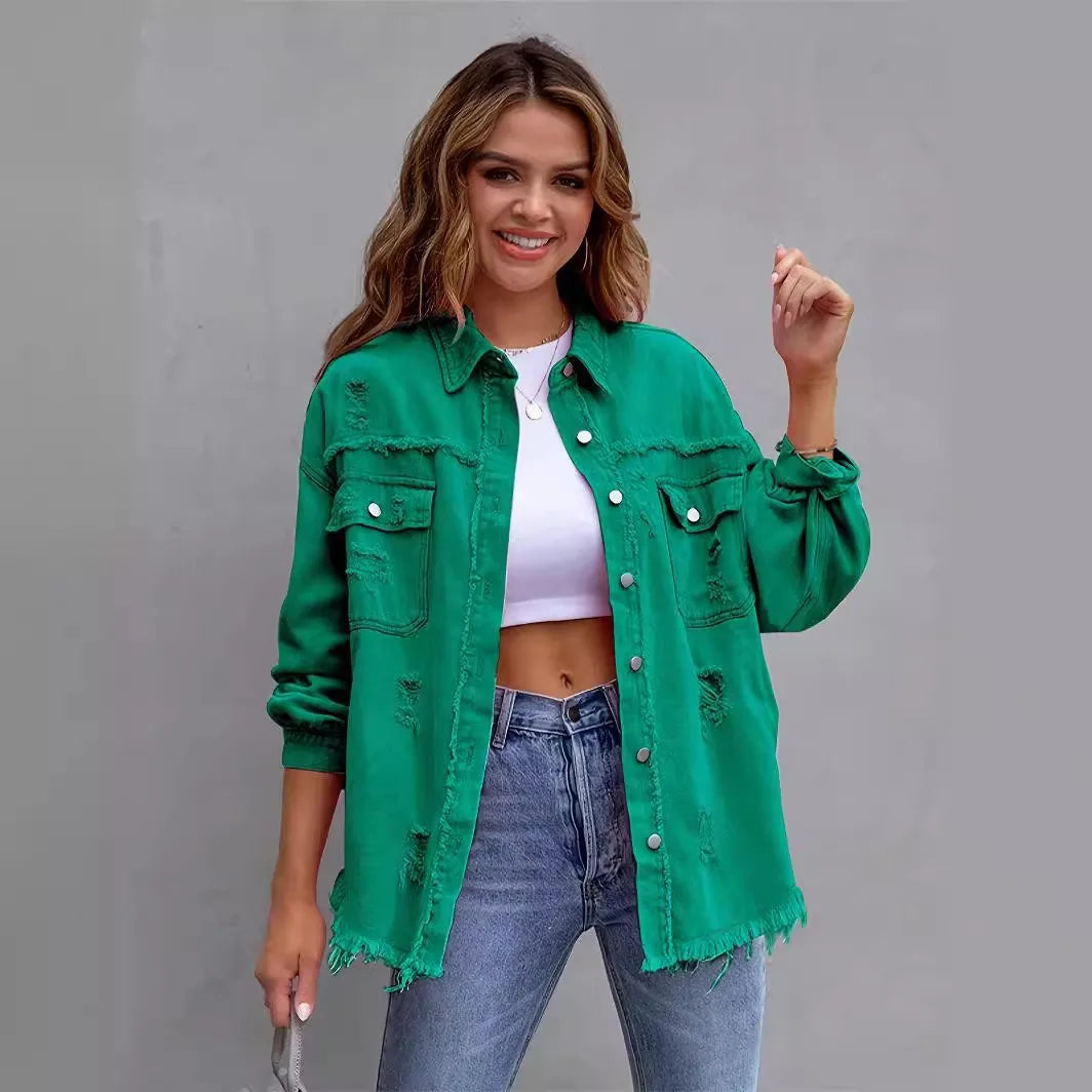 CLILSNOW Women's Long Sleeve Denim Jacket With Turn Down Collar