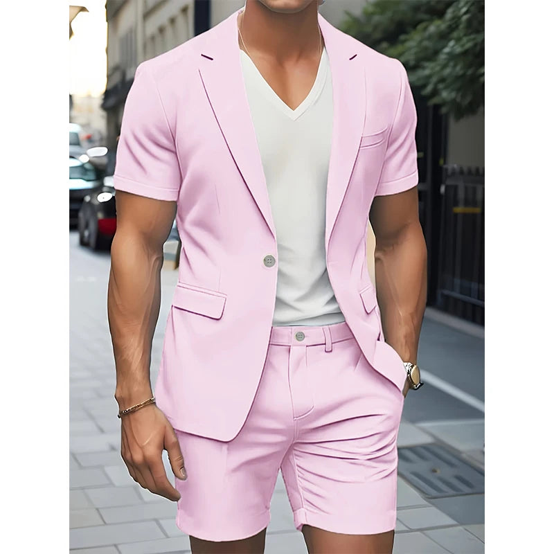 Men's Suit Summer Casual Suit 2 Piece Short Sleeve Suit Blazer 5 Inch Dress Shorts for Beach Weddings Suit Casual Occasions