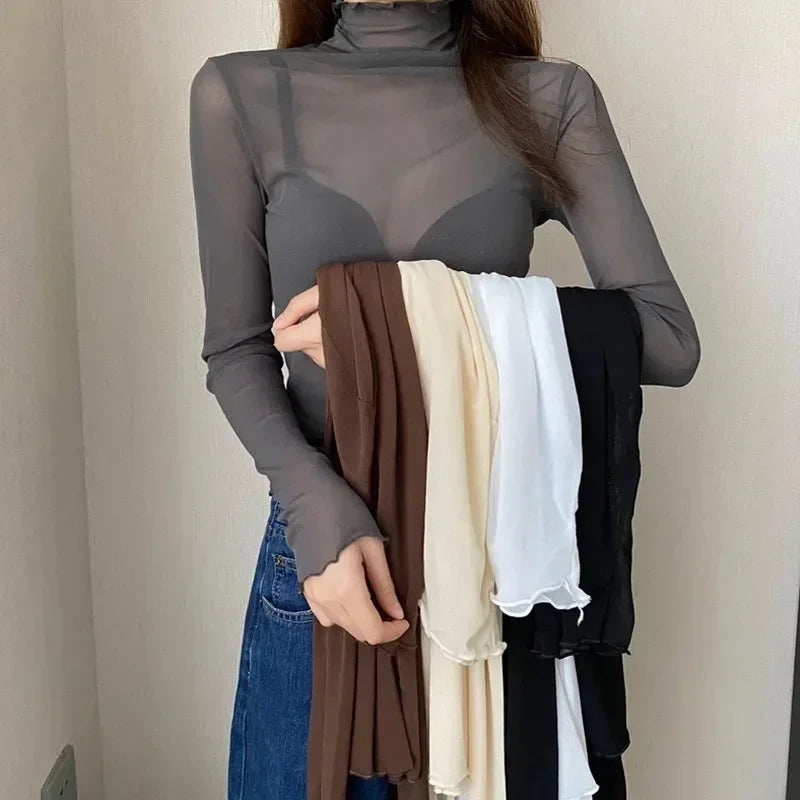 TDFunlive High Neck Lace Blouse See Through Long Sleeve