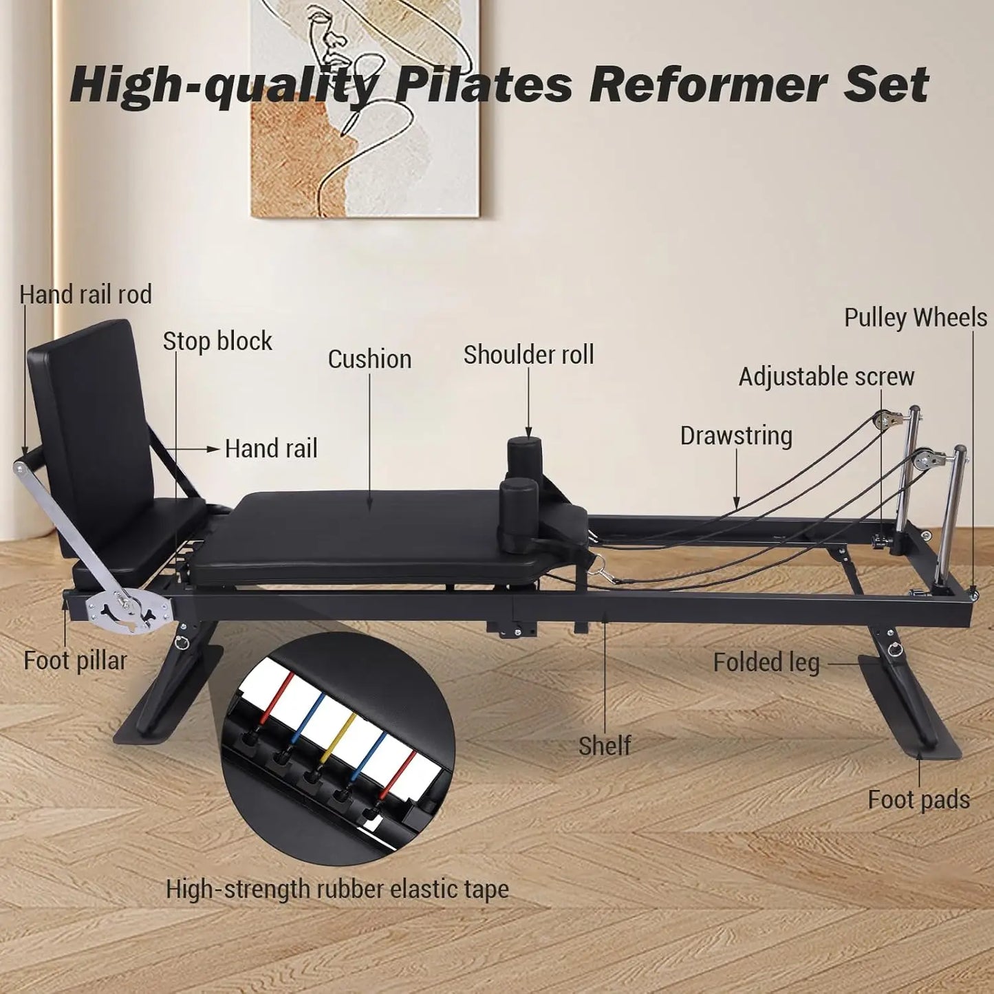 HiMISS Foldable Reformer Pilates Machine With Piano Wire Springs