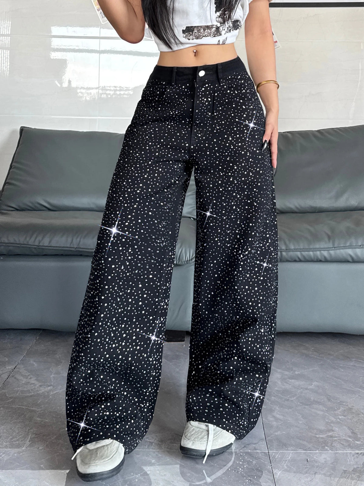 Women's Retro Washed Embroidered Wide-Leg High-Waisted Denim Jeans