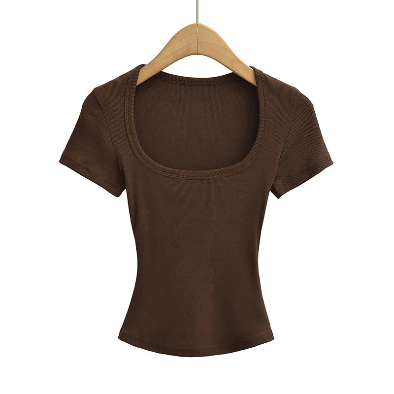 Dozw Square Collar High Stretch Summer Crop Top For Women Slim Fit Short Sleeve