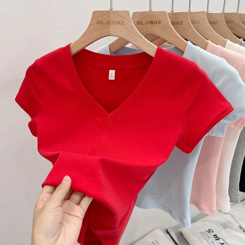 Summer Sexy V-neck Slim T Shirt Women Cotton Basic Solid Crop Tops Female Casual Tops Short Sleeve T-shirts 2026