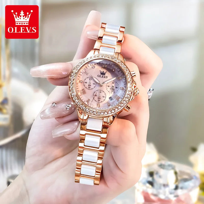 OLEVS Women Chronograph Ceramic Watch Waterproof Elegant Dress