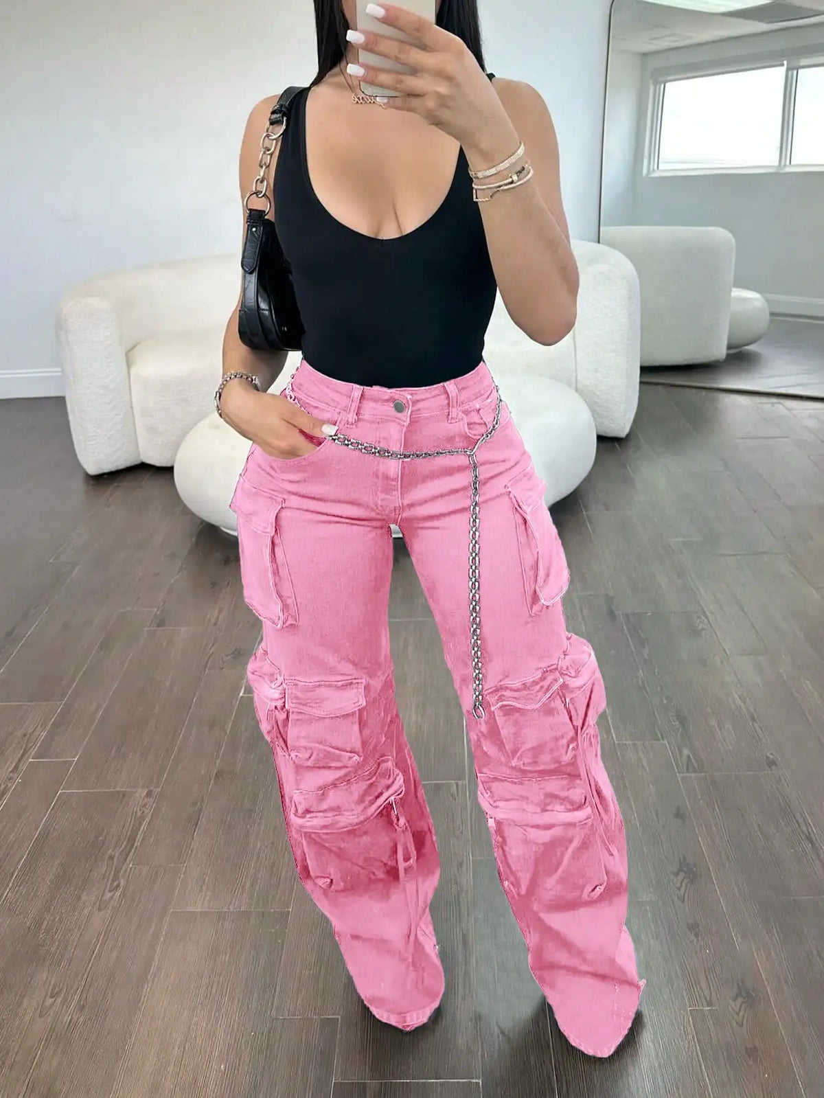 Women Casual High Rise Wide Leg Cargo Pants With Pockets