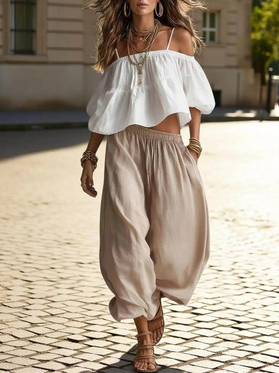 Women Boho Off Shoulder Crop Top And Harem Pants Set