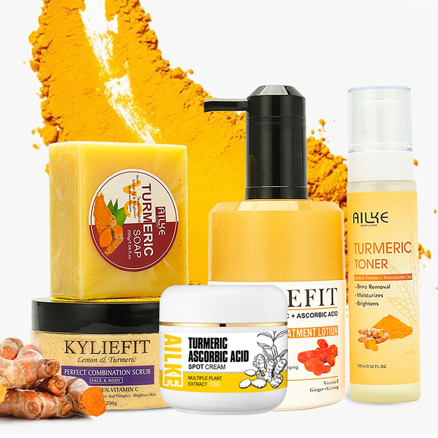 AILKE Organic Turmeric Skin Care Set, Brighten, Cleaning Skin, Remove Acne,Pimples, Whitening, Even Skin Tone, Improve Dry Skin