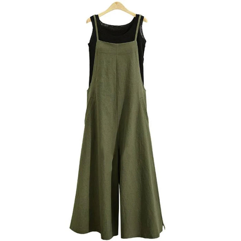 Women Cotton Blend Jumpsuit Sleeveless Wide Leg Dungaree Overalls