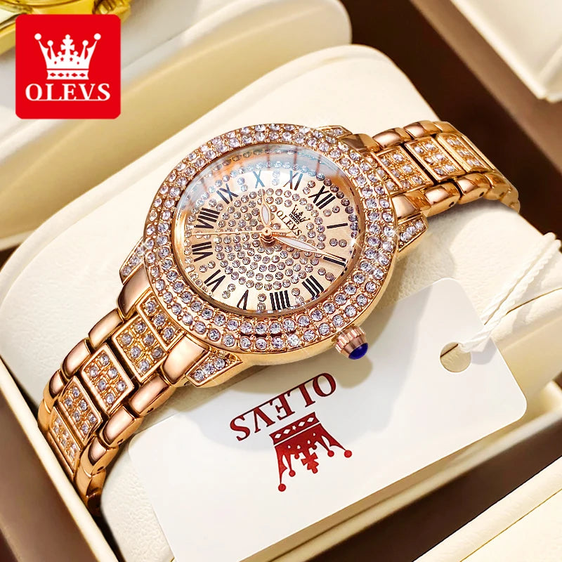 OLEVS Women Luxury Diamond Quartz Watch Stainless Steel