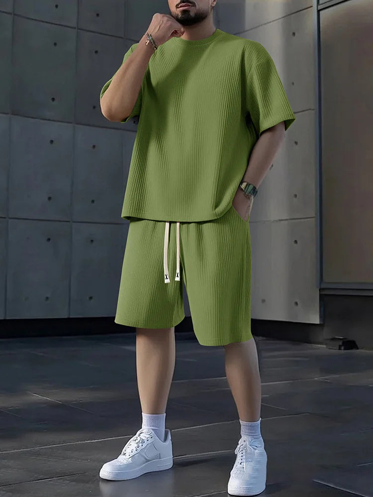 Men's Athletic Crew Neck Short Sleeve Shorts Set Breathable Fabric