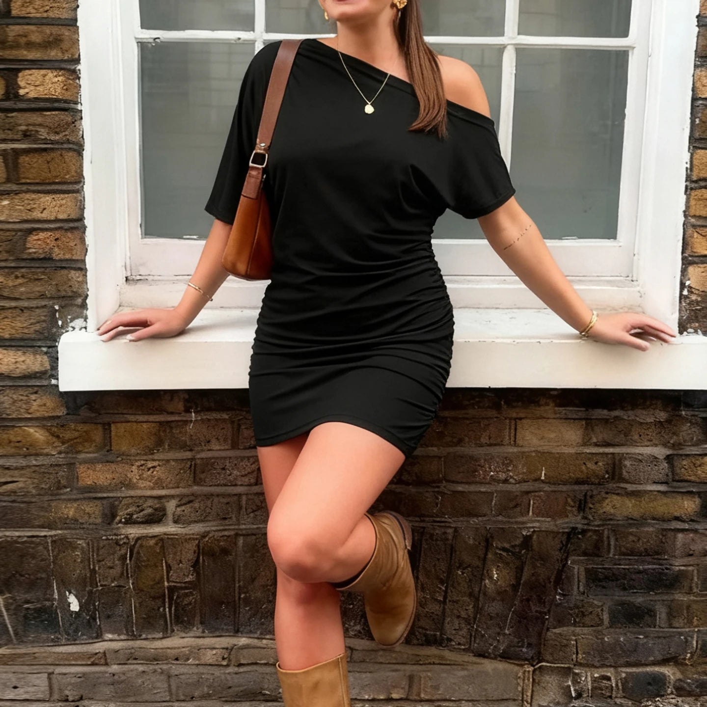 Bat Sleeve Wrap Dress One Shoulder Backless Bodycon Evening Dress