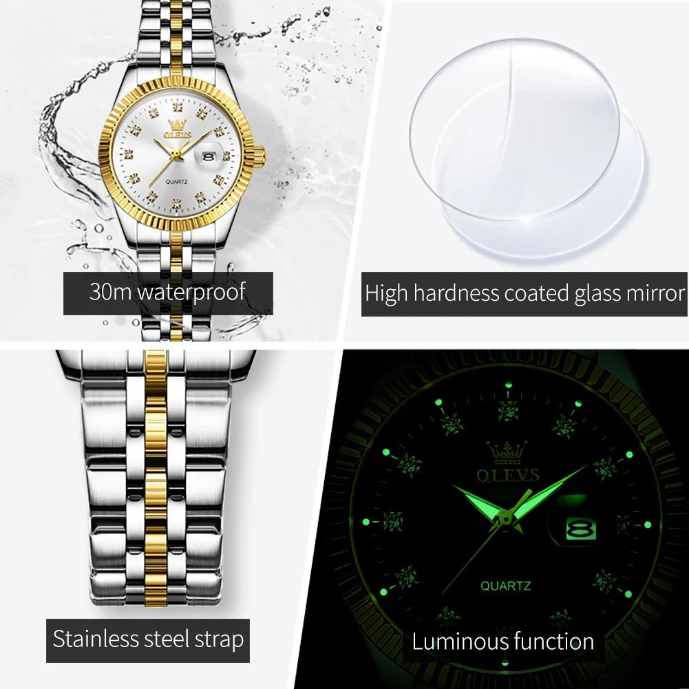 OLEVS Luxury Diamond Ladies Wristwatch Stainless Steel Waterproof