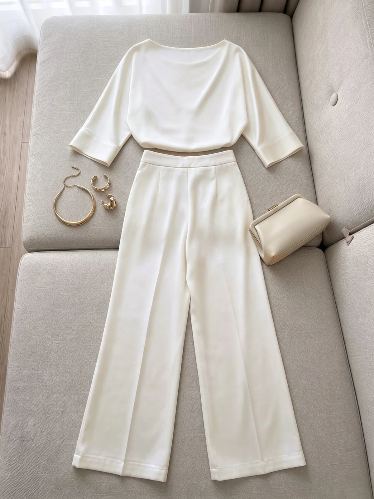 Women Cowl Neck Top With Matching Wide Leg Pants Outfit