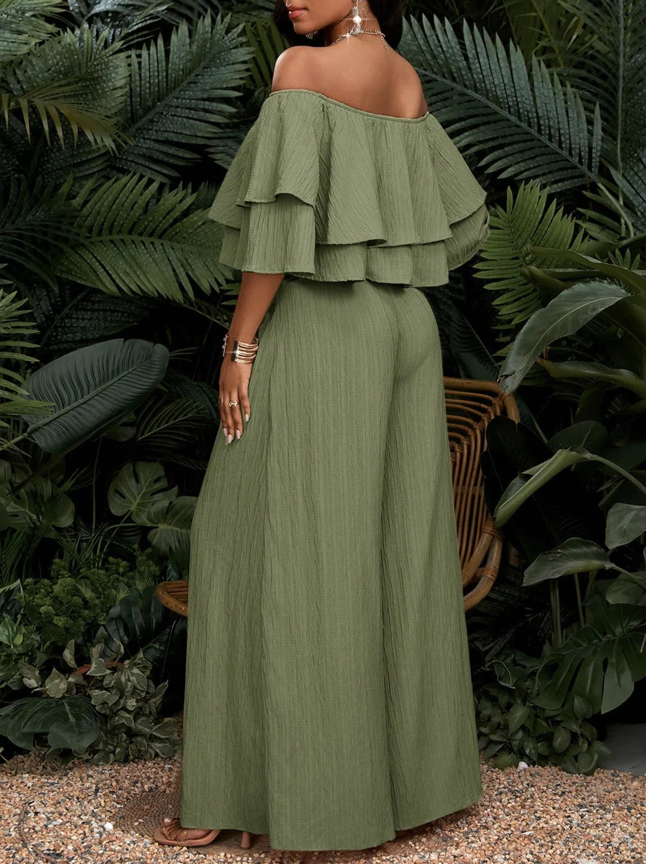 Womens Off Shoulder Ruffle Crop Top Wide Leg Pants Set