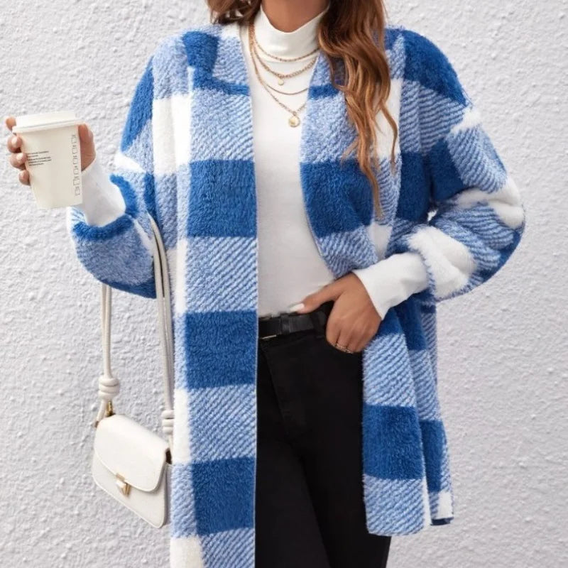 Women's Plaid Fleece Hooded Cardigan Jacket With Patchwork Design