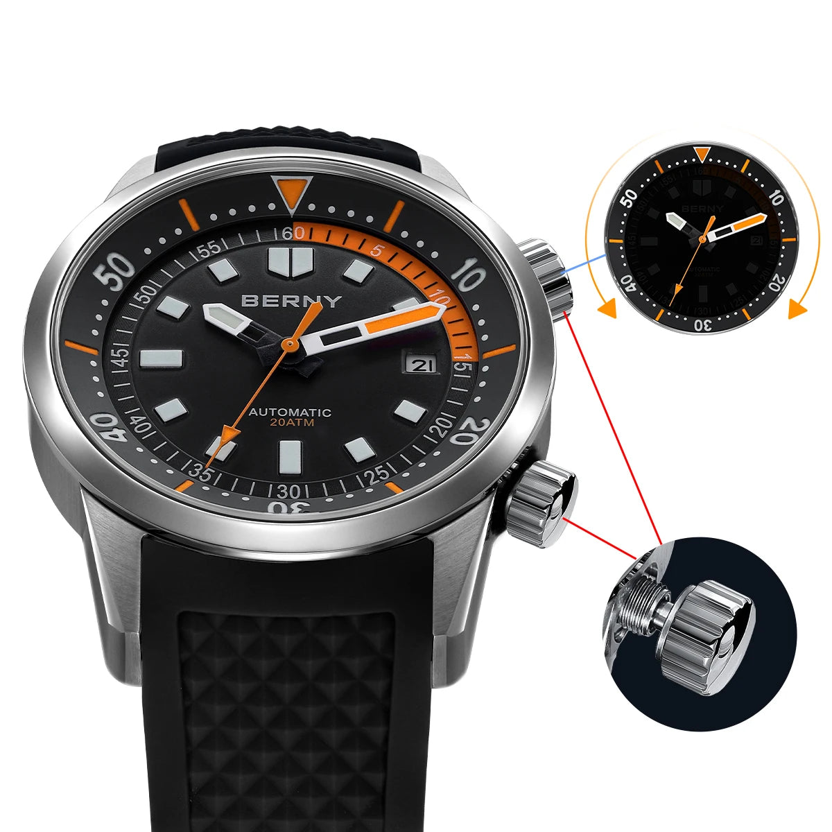 BERNY 200M Waterproof Automatic Diver Watch With Sapphire Glass