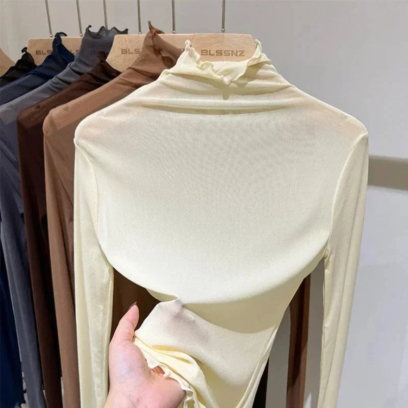 TDFunlive High Neck Lace Blouse See Through Long Sleeve