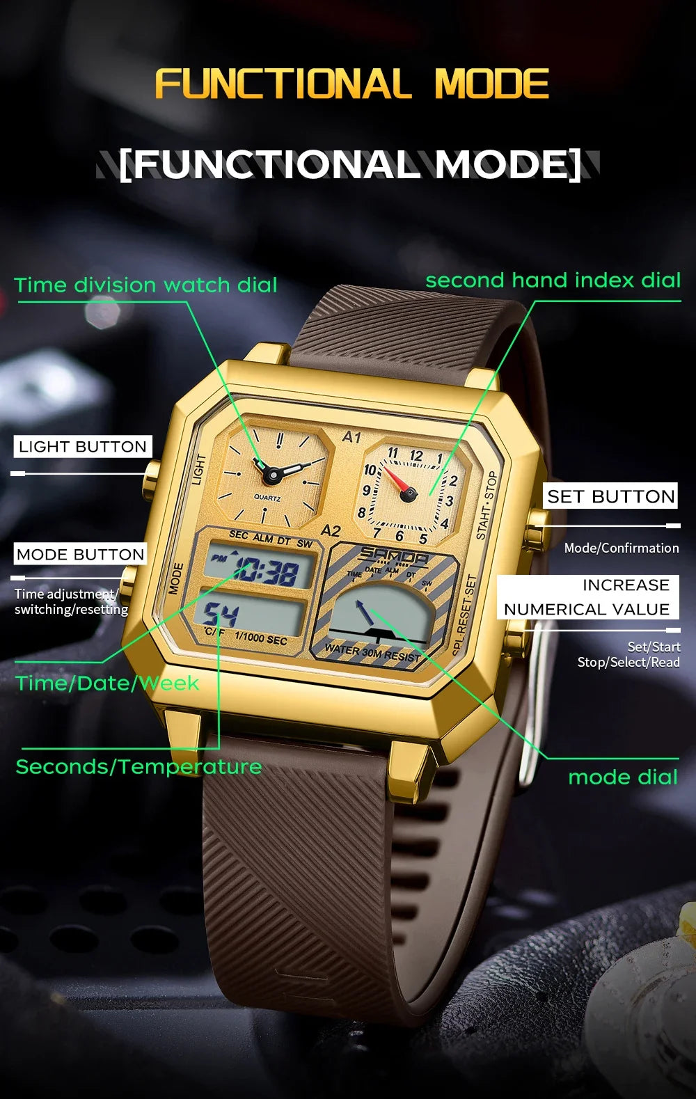 Sanda Men Electronic Watch With Temperature Gauge And Steel Case