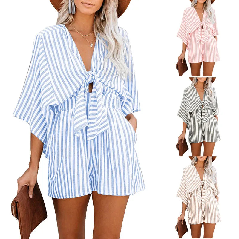 Women Striped Jumpsuit With Deep V Neck And Flared Sleeves