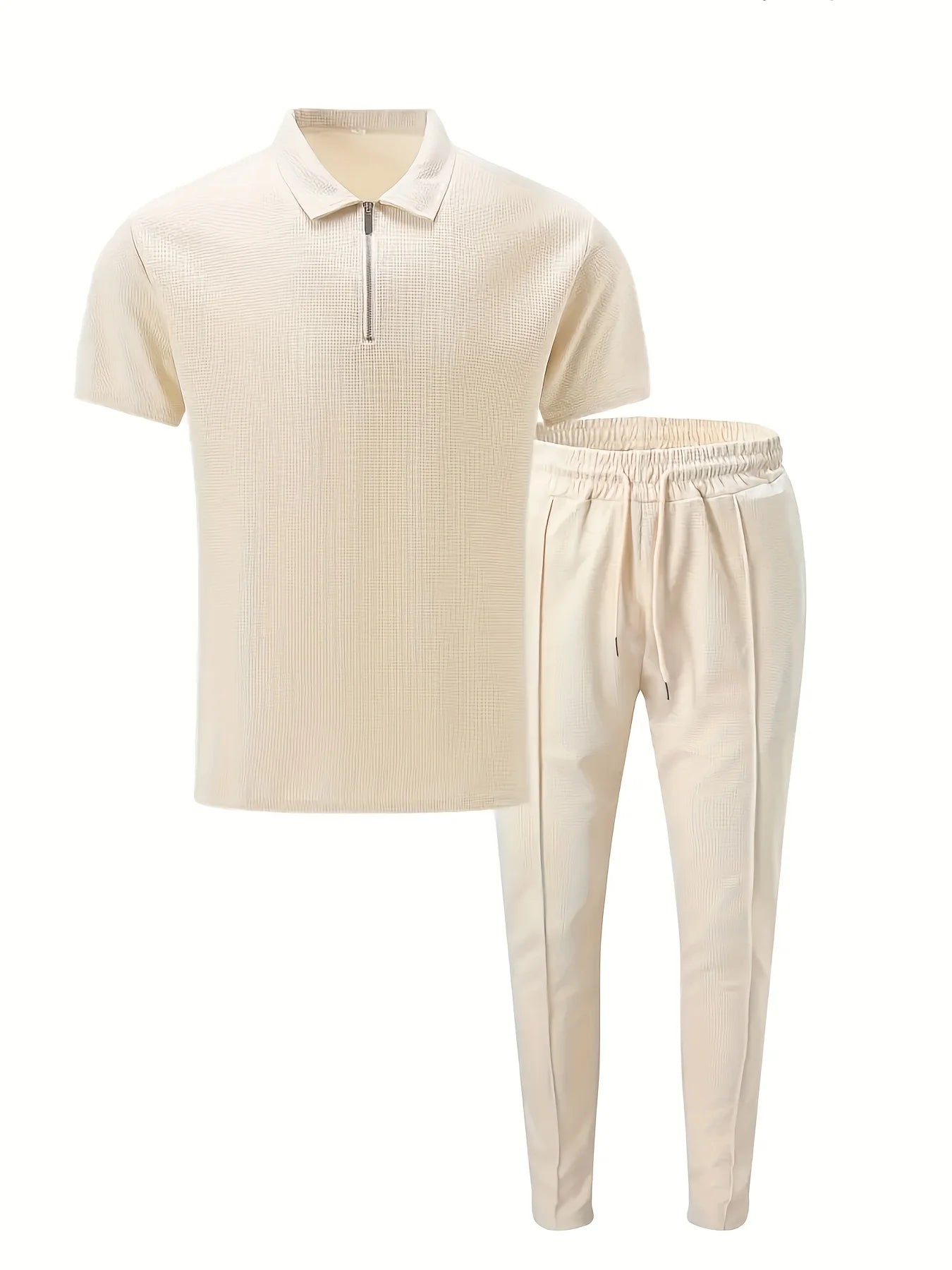 Men's Waffle Lapel Short Sleeve Zipper Pants Set Casual Wear