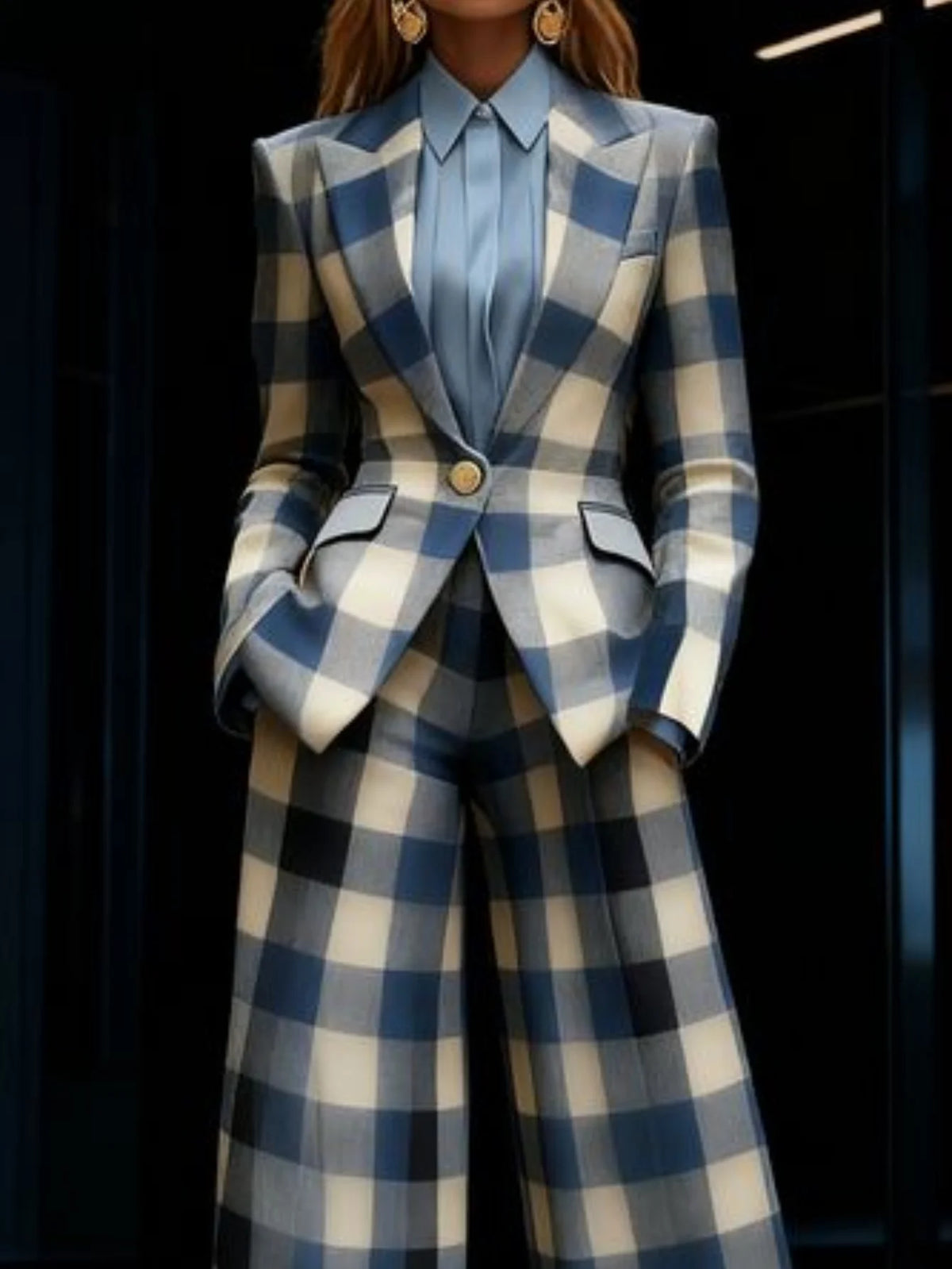 Plaid Print Womens Blazer And Wide Leg Pants Business Suit
