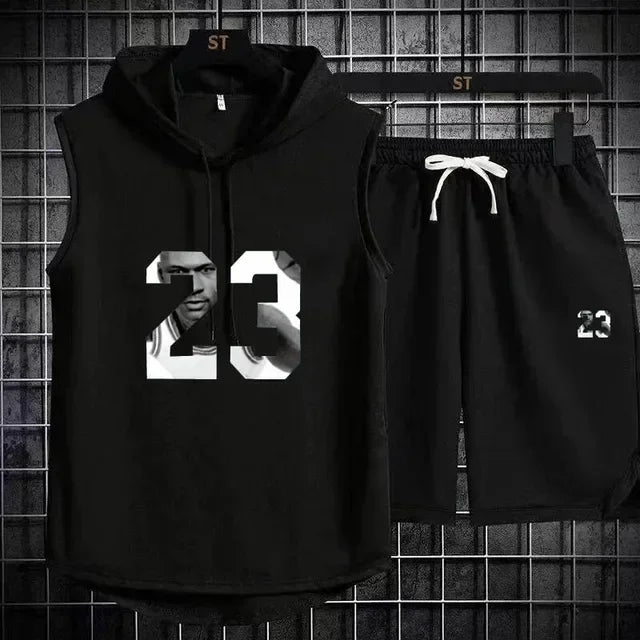 Summer Mens Sleeveless Hooded T Shirt And Shorts Set