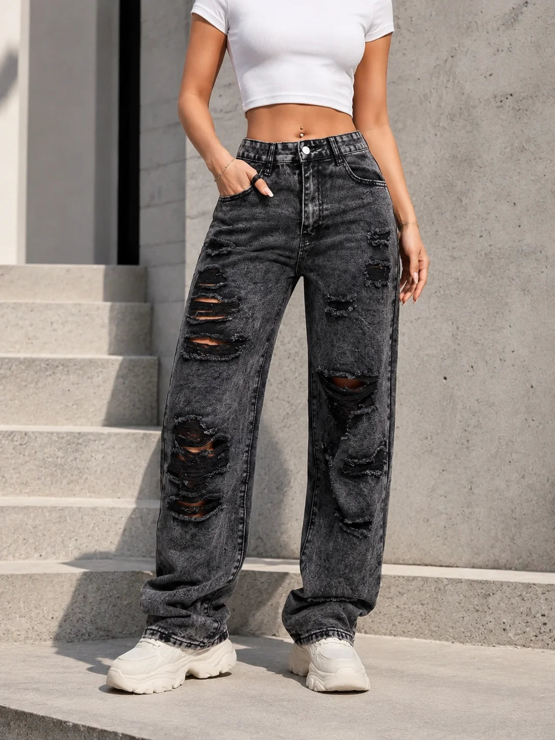 Women High Waist Straight Leg Jeans With Side Slit Pockets