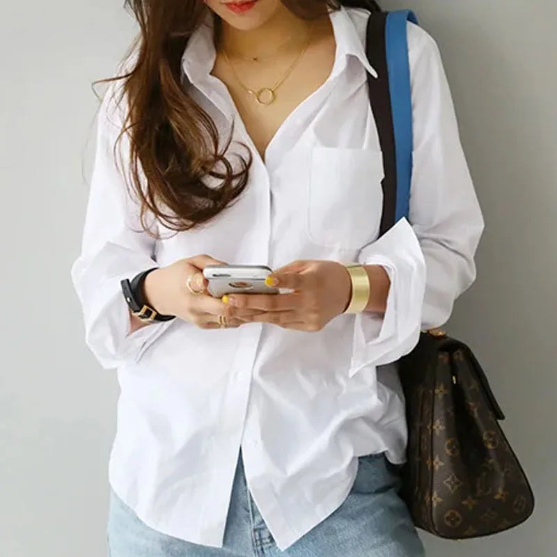 Magesuek Cotton Lapel Long Sleeve Office Blouse For Women