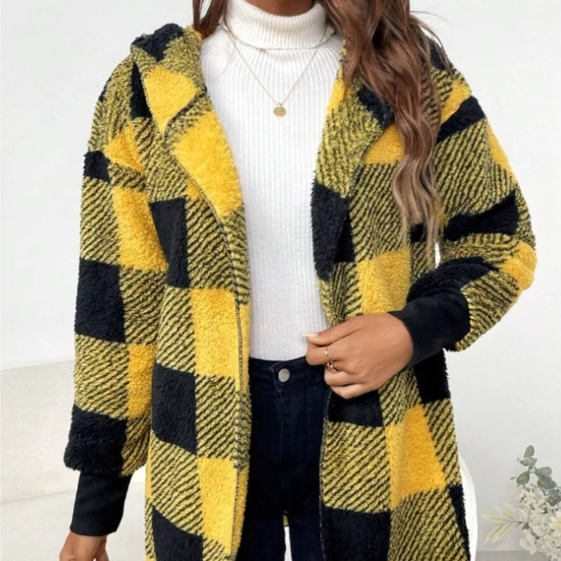 Women's Plaid Fleece Hooded Cardigan Jacket With Patchwork Design