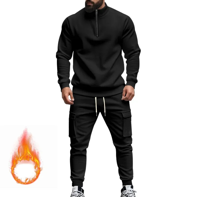 2024 autumn and winter men's casual velvet warm zipper sports trousers set