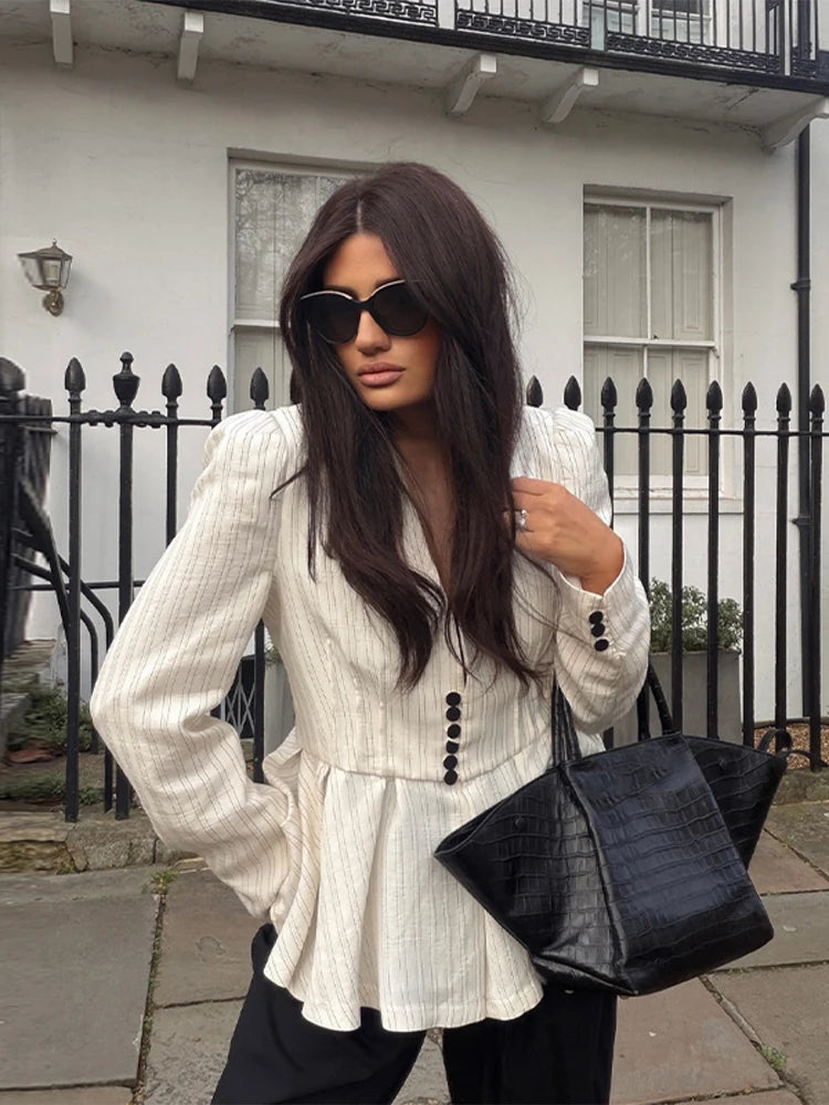 Chin Sweety Striped Peplum Blazer Blouse For Women Office Wear