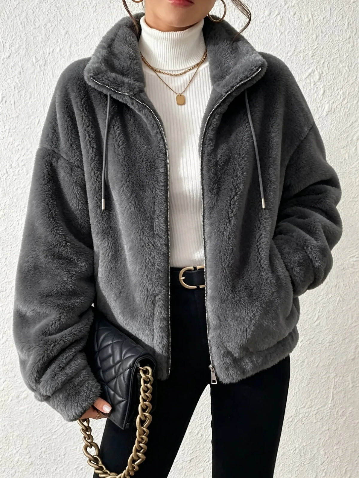 Women's Fuzzy Fleece Zip Up Jacket Loose Winter Plush Coat