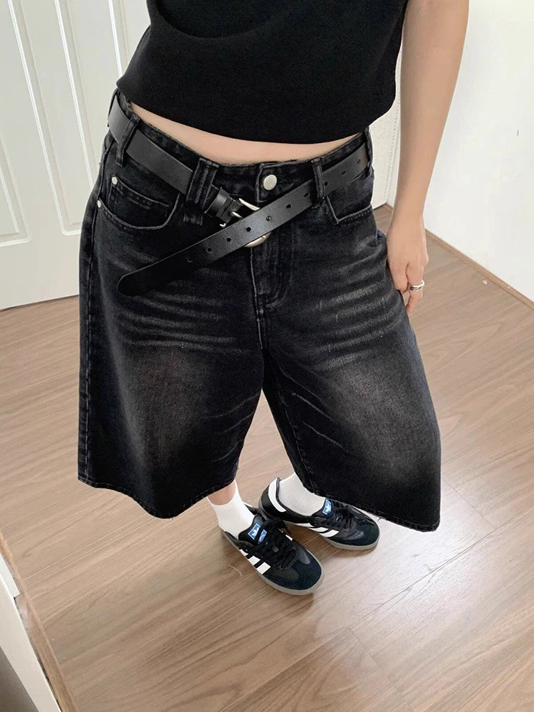 Linglsix High Waist Denim Shorts Loose Fit Harajuku Streetwear