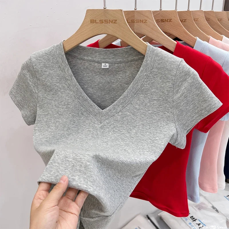 Summer Sexy V-neck Slim T Shirt Women Cotton Basic Solid Crop Tops Female Casual Tops Short Sleeve T-shirts 2026