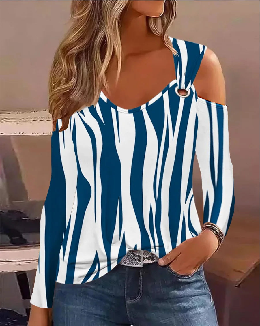 Women Jersey Knit Blouse With Denim Look Print Eyelet