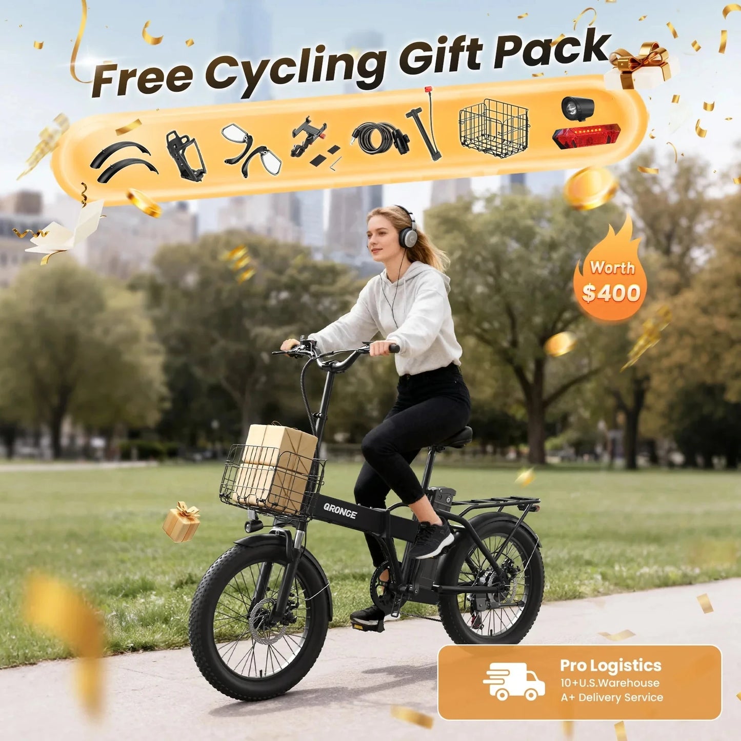QRONGE Waterfall Folding Electric Bike 1000W Peak 48V Removable Battery