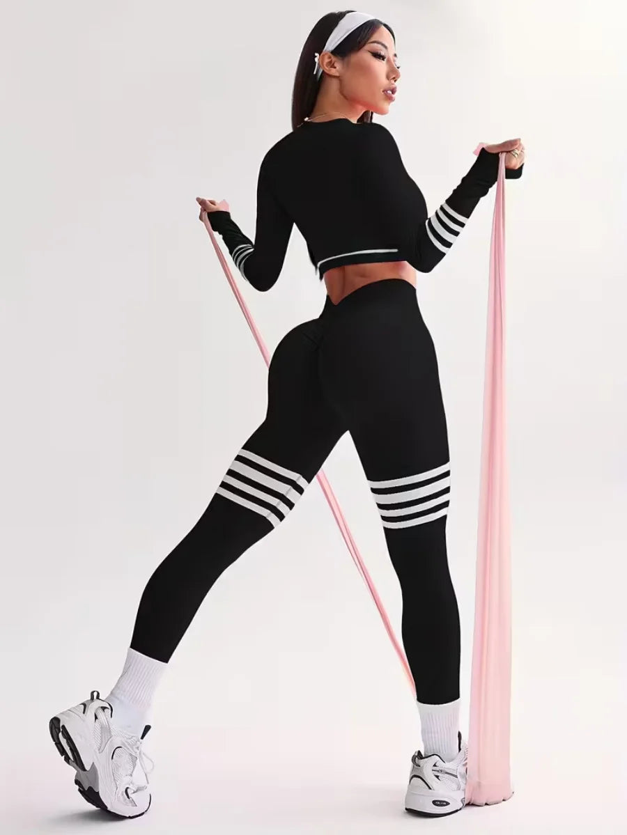 Womens Striped Tracksuit Set Crop Top Leggings Bra