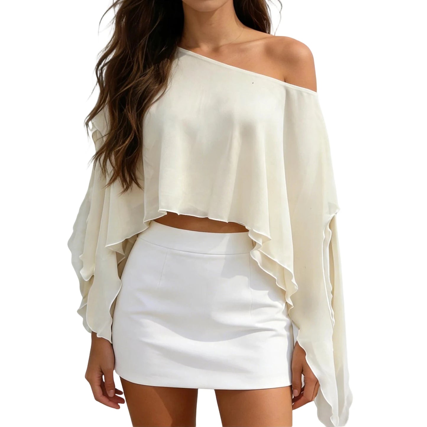 Chiffon Poncho Top Off Shoulder Loose Fit Cover Up Blouse