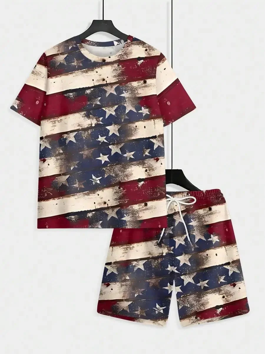 Vintage USA Flag Print Short Sleeve Tee And Shorts Set