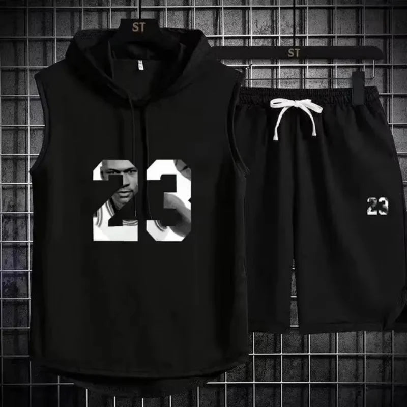 Summer Mens Sleeveless Hooded T Shirt And Shorts Set