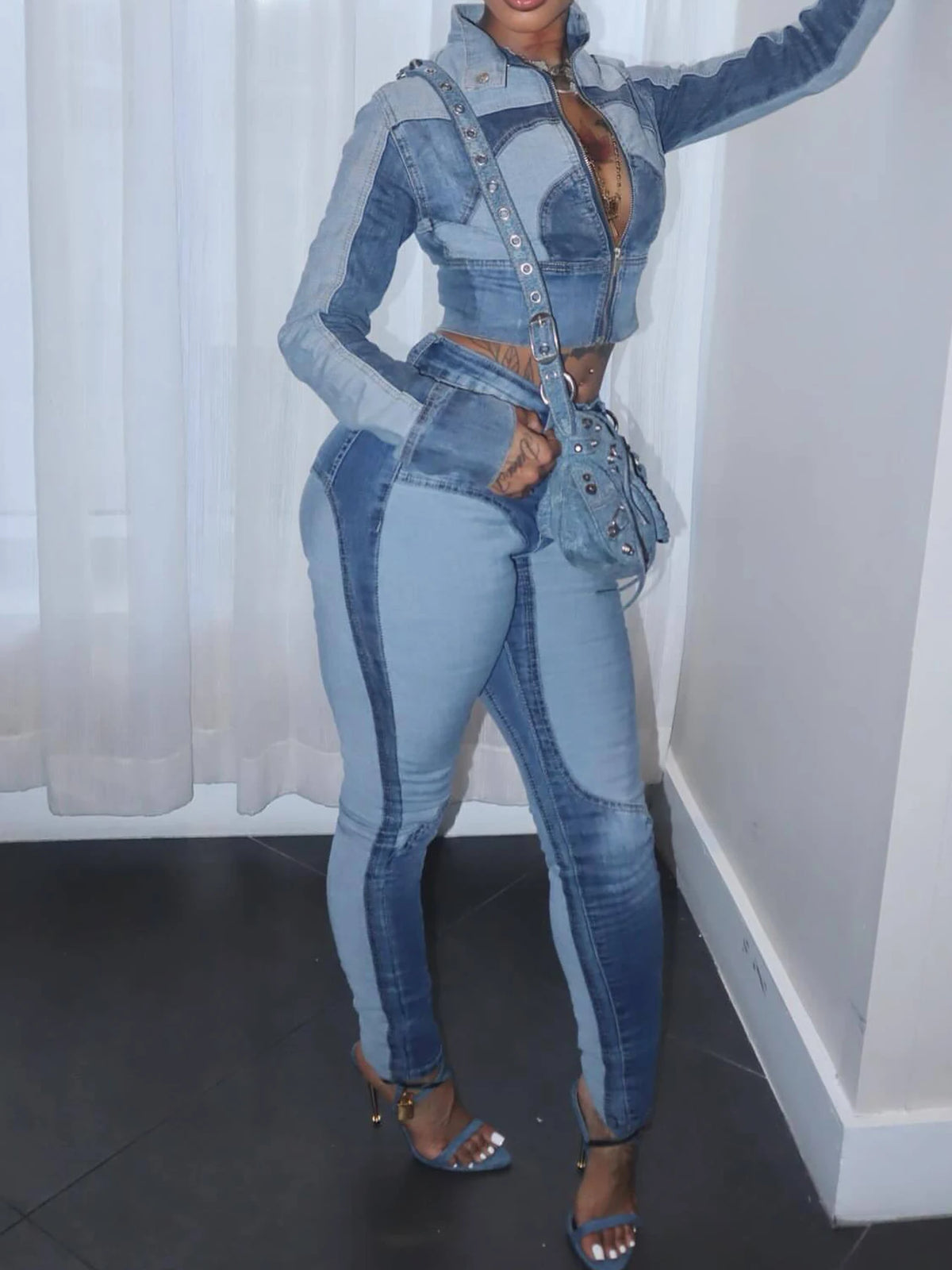 Women's Elastic Denim Two Piece Set Long Sleeve Zip Top