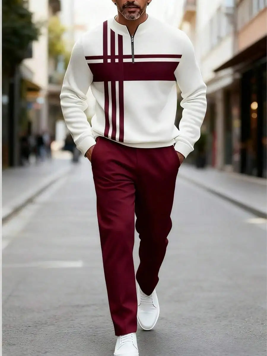 Mens Polyester 3D Print Sportswear Set Zipper Top Long Pants