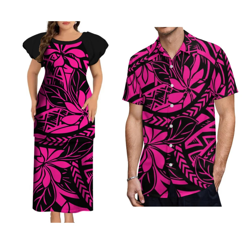Puletasi Custom Polynesian Floral Print Long Dress Tonga Fiji Samoa Island Couple Suit Men'S Shirt Women'S Long Dress 2025 New