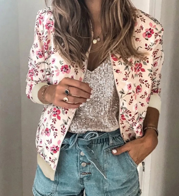 Women's Floral Zipper Bomber Jacket for Elegant Office Wear