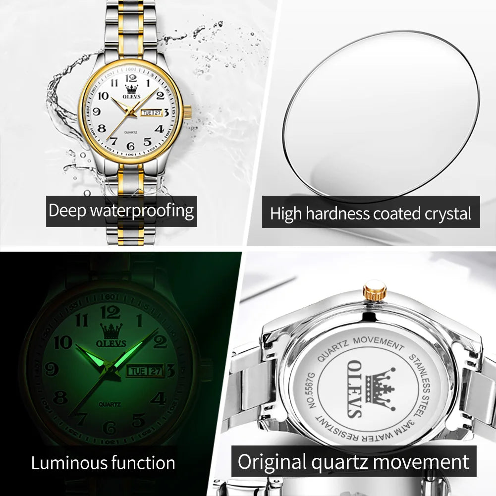 OLEVS Quartz Watch Women Fashion Stainless Steel Waterproof Luminous Luxury