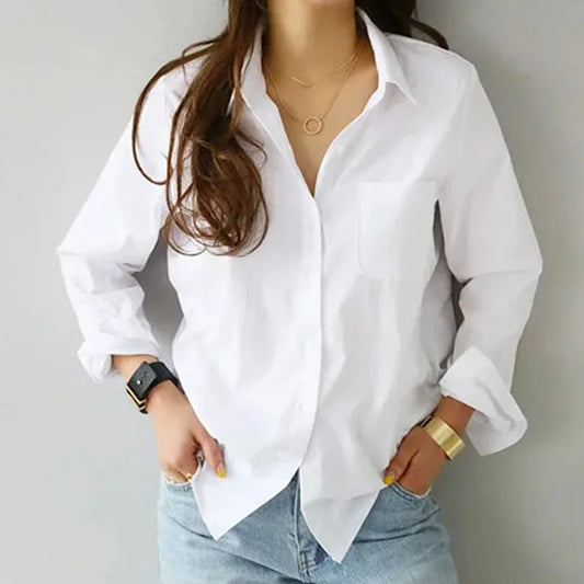 Magesuek Cotton Lapel Long Sleeve Office Blouse For Women