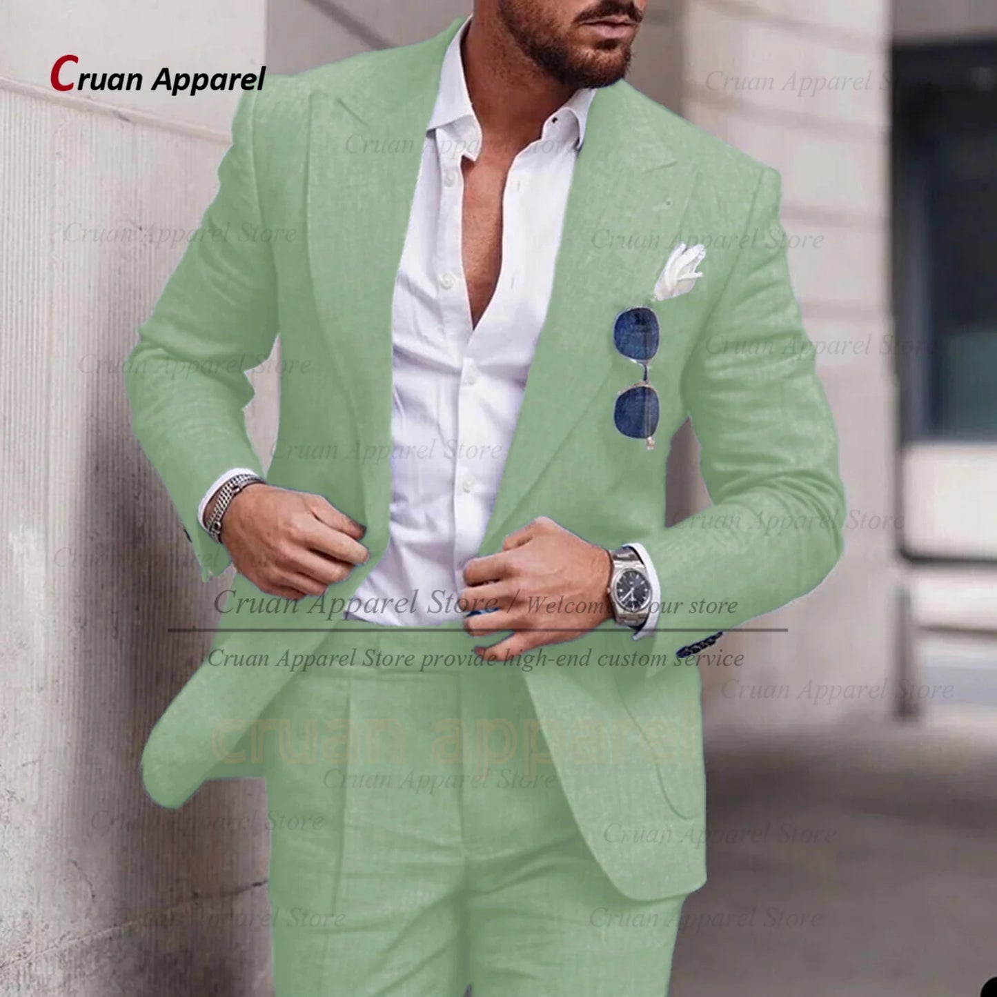 Men's Linen Suit Set With Peaked Lapel Blazer Pants