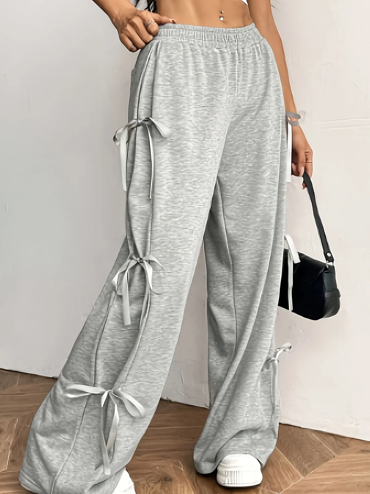 Women Bow Tie Wide Leg Casual Lounge Pants With Elastic Waist